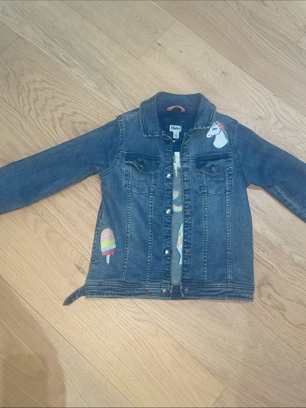 Hatley Blue Denim Kids' Jacket with Unicorn and Popsicle Patch Embroidery